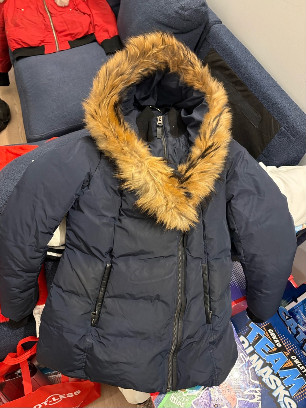 Mackage Navy Puffer Coat with Faux Fur Hood Trim